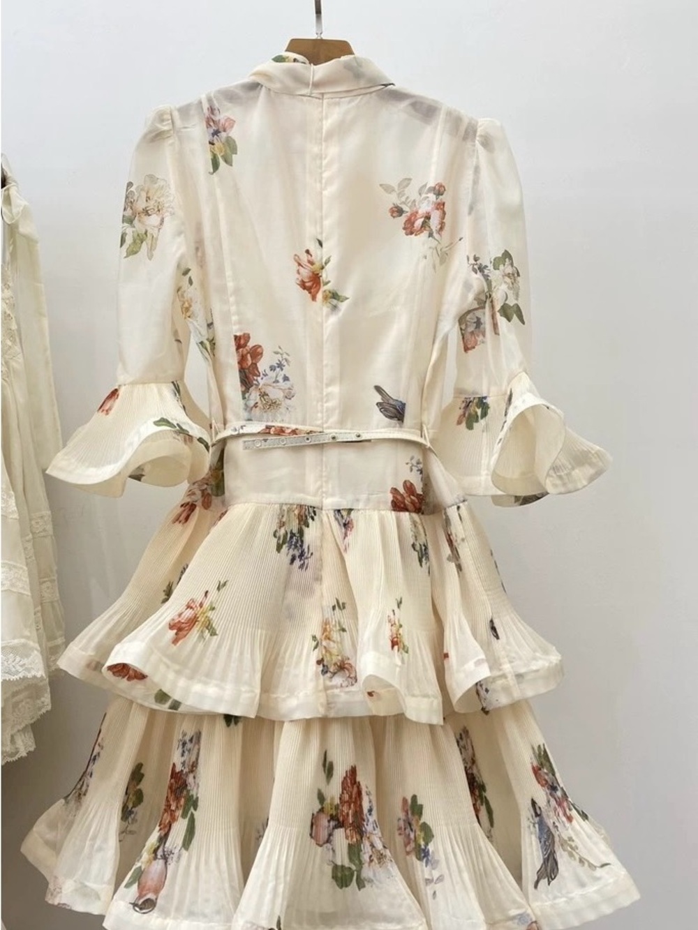 Zimmermann Cream Floral Tie-Neck Tiered Mini Dress - Picture 3 of 10
